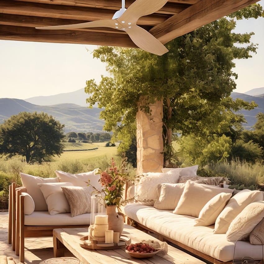 מאוורר תקרה מוגן מים AQUA לפרגולה בצבע לבן/עץ