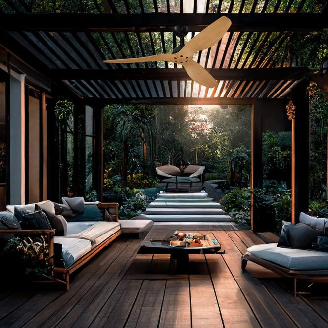 מאוורר תקרה מוגן מים AQUA לפרגולה בצבע שחור/עץ